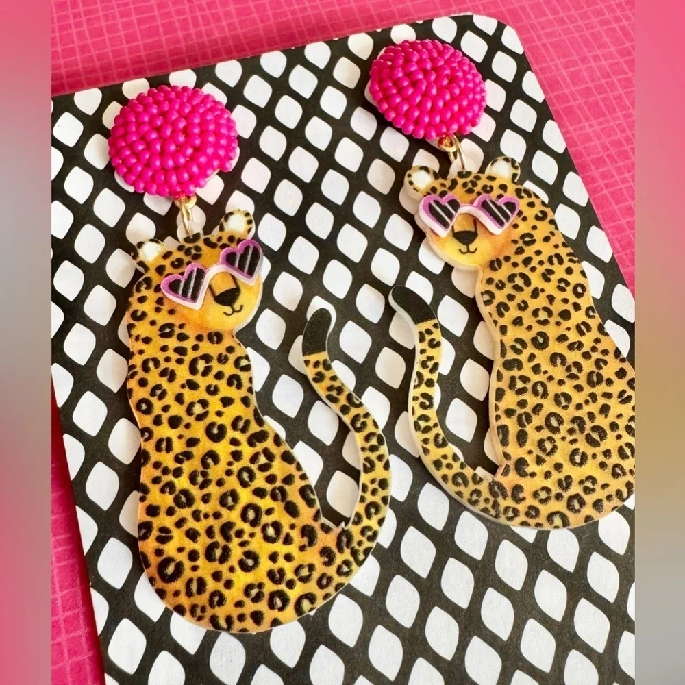 New Eclectic Acrylic Leopard w/ Heart Sunglasses & Pink Beads Earrings - 3”